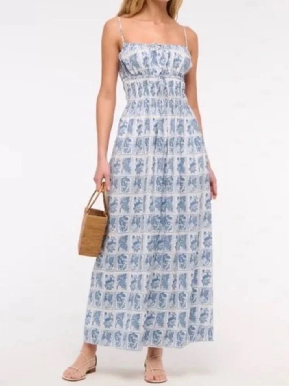 Abercrombie & Fitch White & Blue Mediterranean Stamp Patterned Cami Maxi Dress